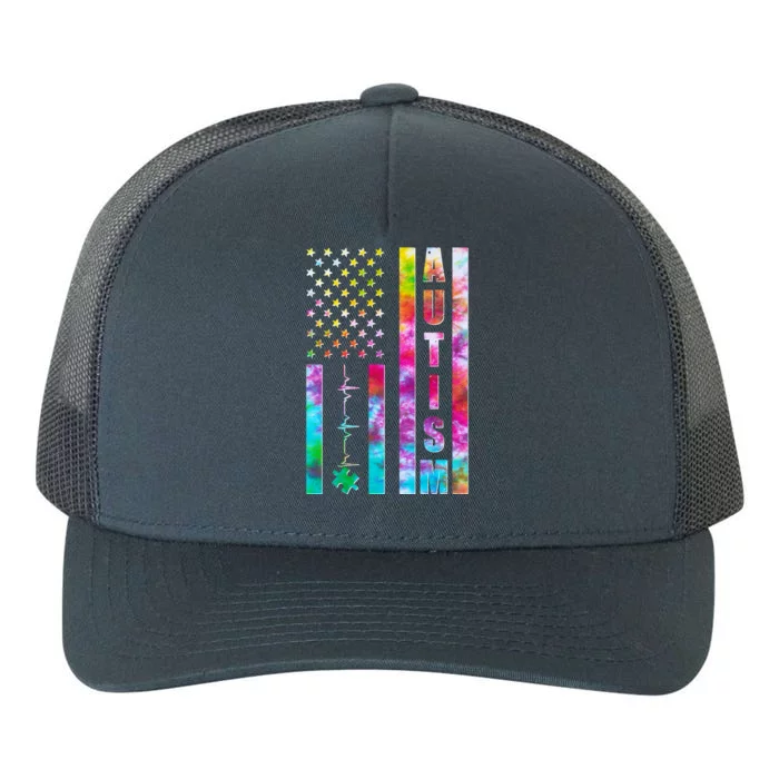 Autism Awareness Tie Dye USA American Flag Yupoong Adult 5-Panel Trucker Hat