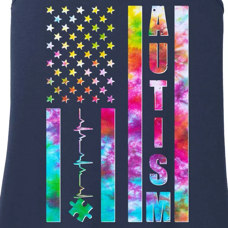 Autism Awareness Tie Dye USA American Flag Ladies Essential Tank