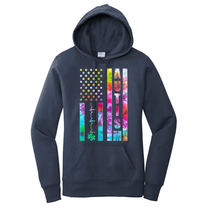 Autism Awareness Tie Dye USA American Flag Women's Pullover Hoodie