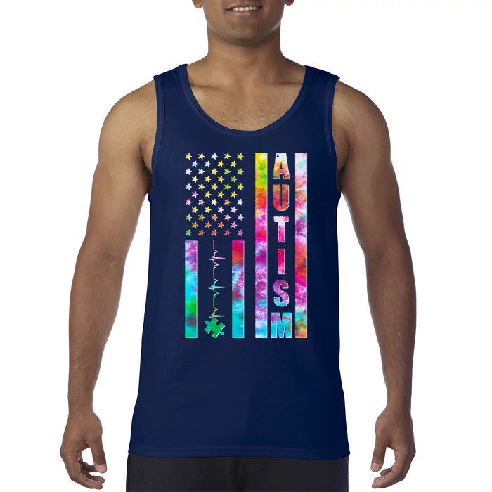 Autism Awareness Tie Dye USA American Flag Tank Top