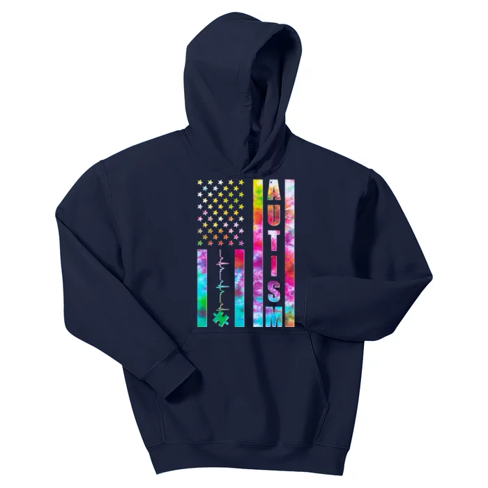 Autism Awareness Tie Dye USA American Flag Kids Hoodie