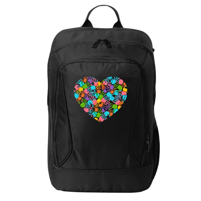 Autism Awareness Teacher Hand Print Heart Love Tee City Backpack