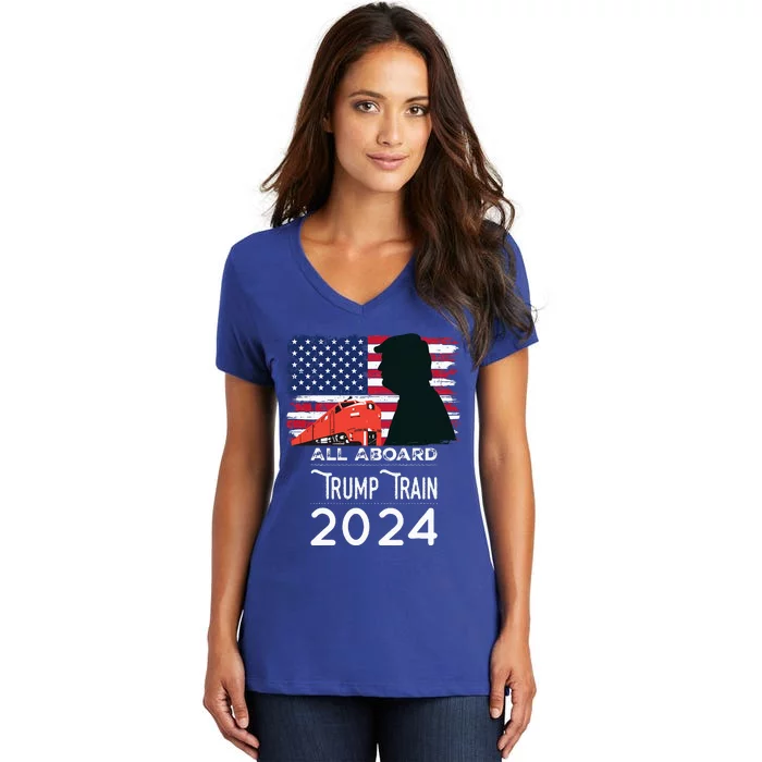 All Aboard Trump Train 2024 American Flag Women's V-Neck T-Shirt