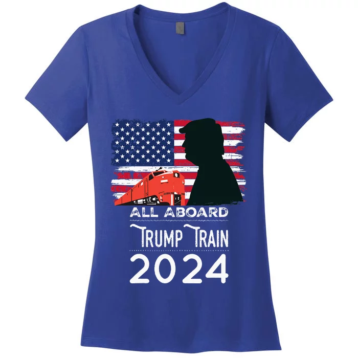 All Aboard Trump Train 2024 American Flag Women's V-Neck T-Shirt