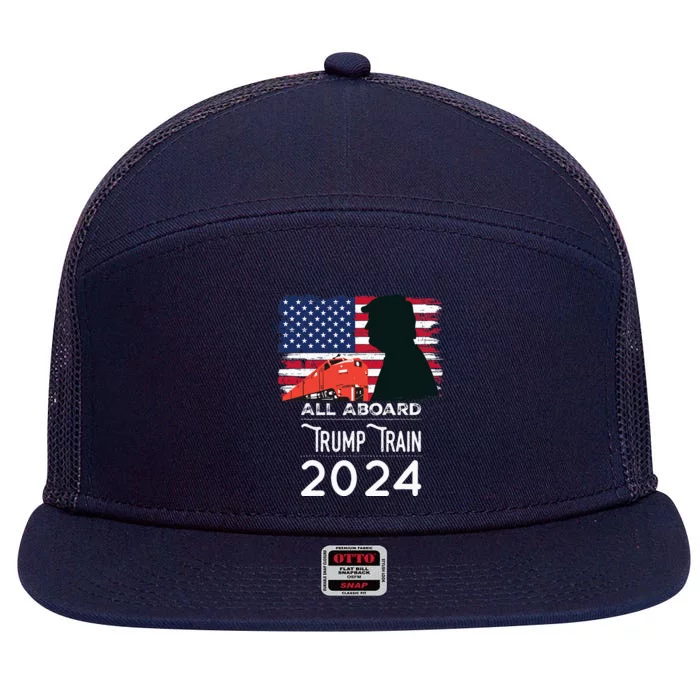 All Aboard Trump Train 2024 American Flag 7 Panel Mesh Trucker Snapback Hat