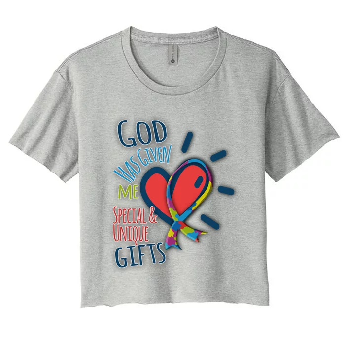 Autism Awareness Unique Funny Gift Heart And Ribbon Design Gift Women's Crop Top Tee