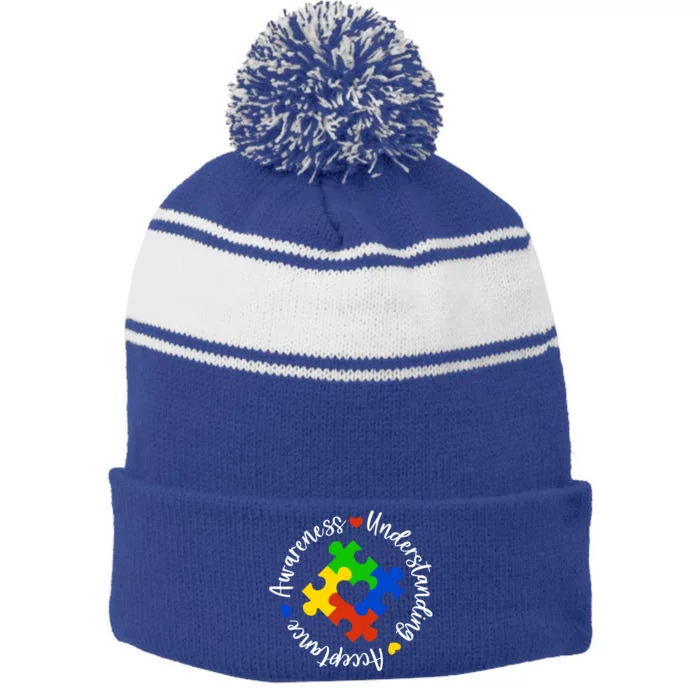 Autism Awareness Understanding Acceptance Puzzle Piece Gift Stripe Pom Pom Beanie