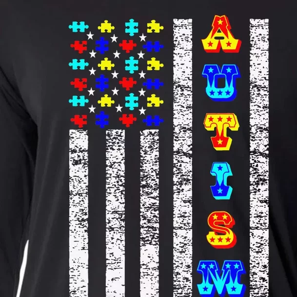 Autism Awareness USA Flag Cooling Performance Long Sleeve Crew