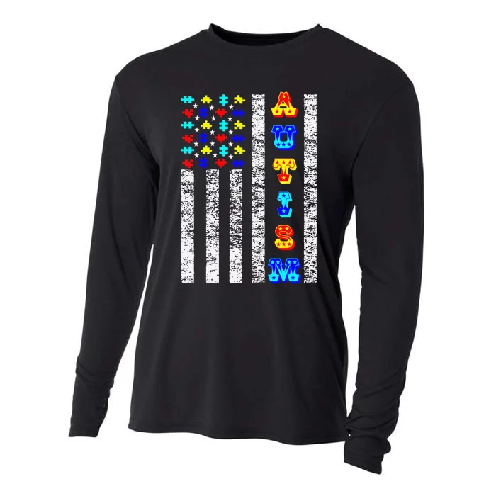 Autism Awareness USA Flag Cooling Performance Long Sleeve Crew