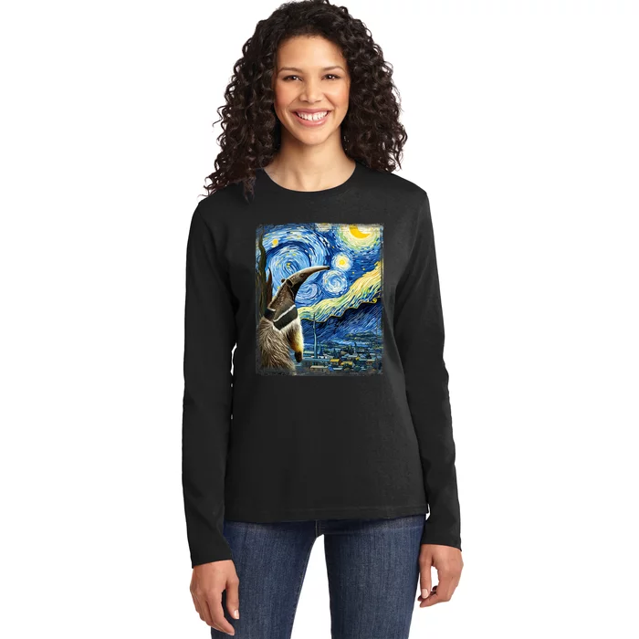 Artistic Anteater Van Gogh Style Starry Night Anteater Ladies Long Sleeve Shirt