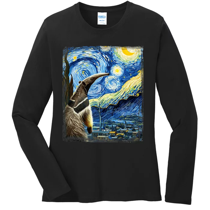 Artistic Anteater Van Gogh Style Starry Night Anteater Ladies Long Sleeve Shirt