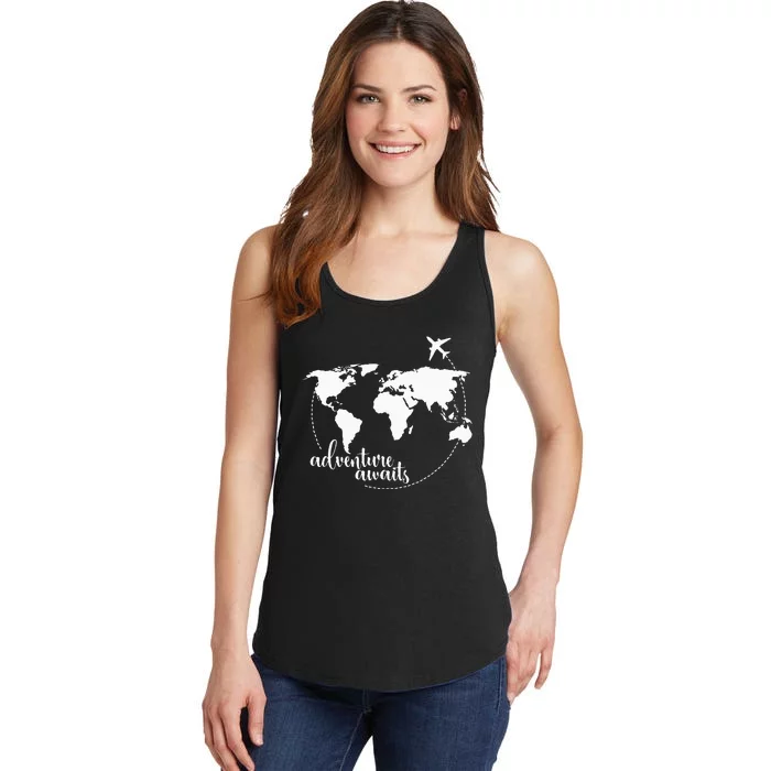 Adventure Awaits World Map for Travel Vacations Ladies Essential Tank