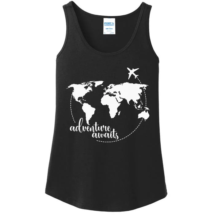 Adventure Awaits World Map for Travel Vacations Ladies Essential Tank