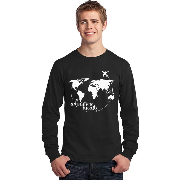 Adventure Awaits World Map for Travel Vacations Tall Long Sleeve T-Shirt