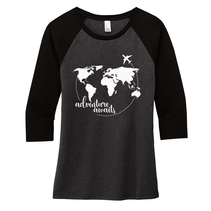 Adventure Awaits World Map for Travel Vacations Women's Tri-Blend 3/4-Sleeve Raglan Shirt