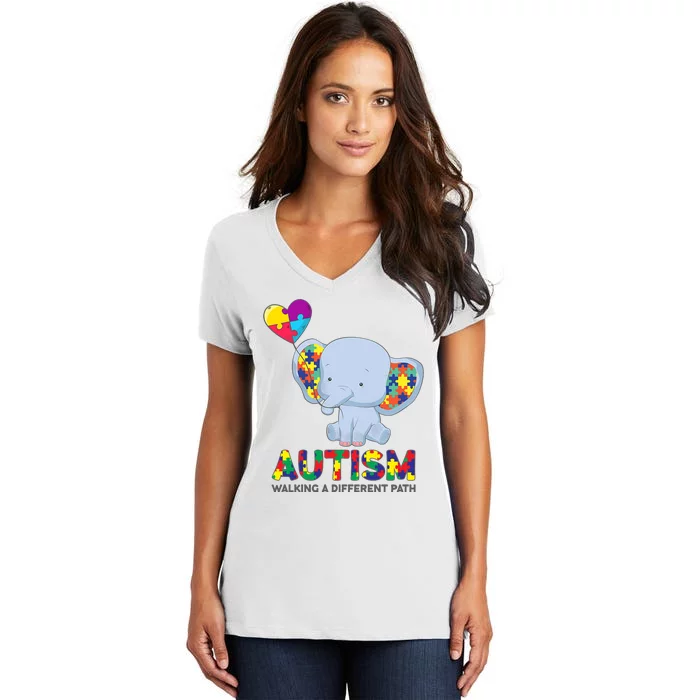 Autism Awareness Walking A Different Path Elephant Women's V-Neck T-Shirt