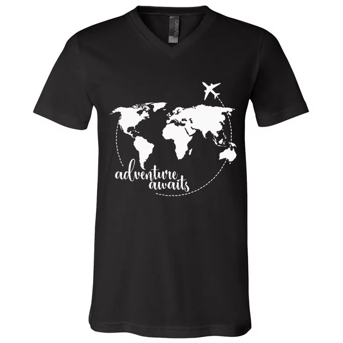 Adventure Awaits World Map For Travel Vacations V-Neck T-Shirt