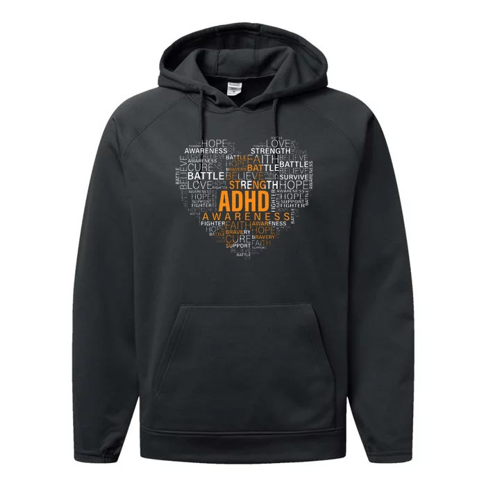 ADHD awareness words cloud heart support proud ADHD warrior Performance Fleece Hoodie