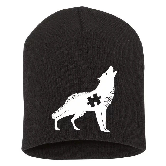 Autism Awareness Wolf With Puzzle Short Acrylic Beanie