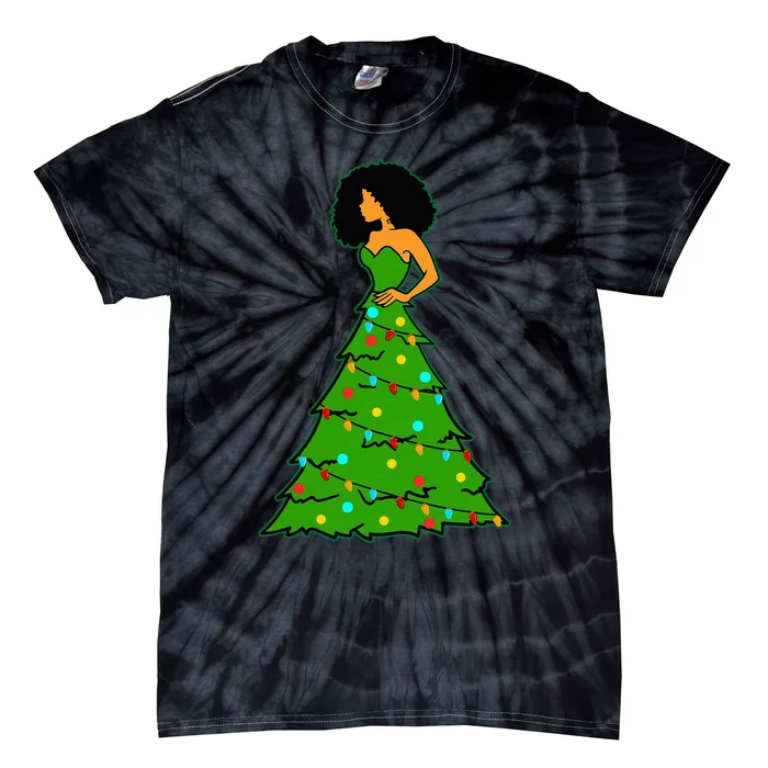 African American Woman Christmas Tree Xmas Decor Tie-Dye T-Shirt