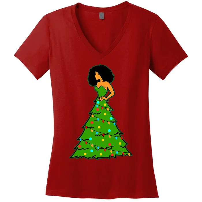 African American Woman Christmas Tree Xmas Decor Women's V-Neck T-Shirt