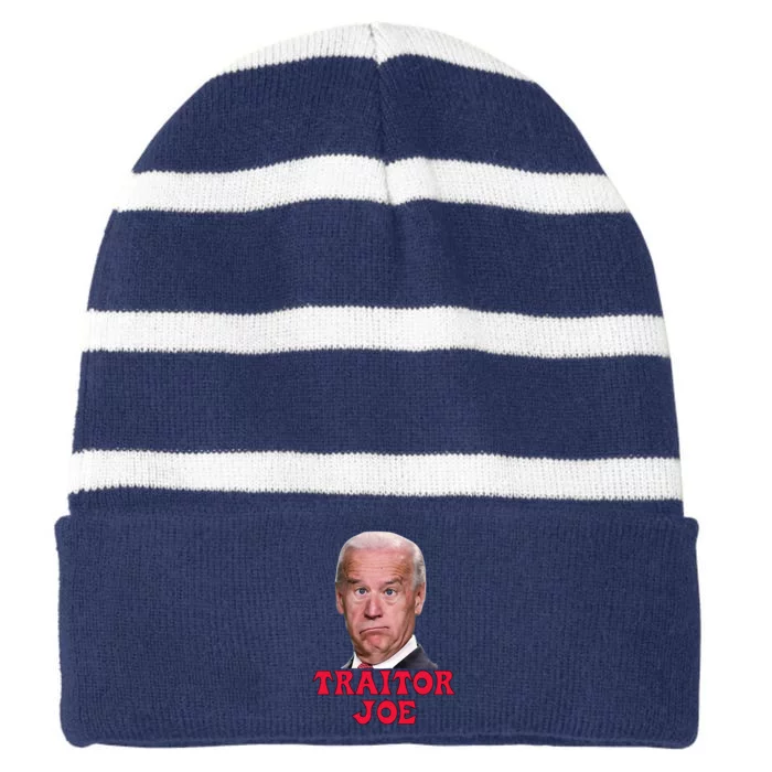 Anti Biden AntiBiden Pro Trump 2024 ProTrump Funny Traitor Joe Meme Striped Beanie with Solid Band