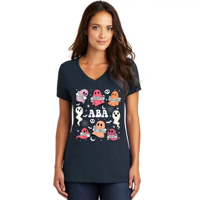 Applied Behavior Analysis ABA Halloween Spooky Cute Ghosts Women's V-Neck T-Shirt