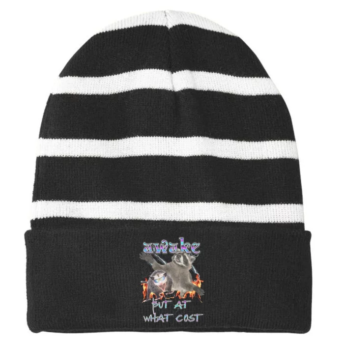 Awake But At What Cost Possum Funny Striped Beanie with Solid Band