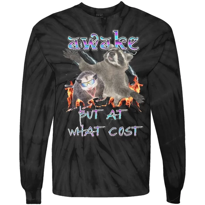 Awake But At What Cost Possum Funny Tie-Dye Long Sleeve Shirt