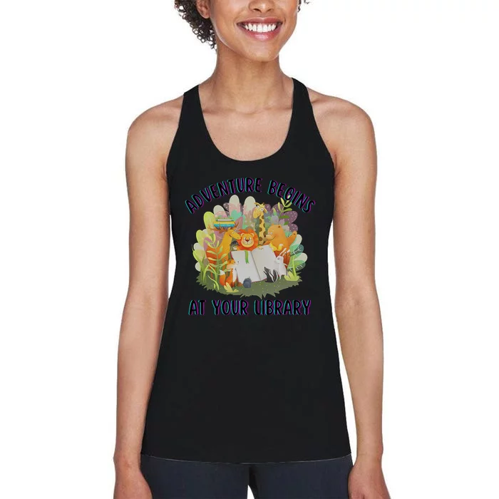 Adventure Begins At Your Library Summer Reading 2024 Animals Women's Racerback Tank