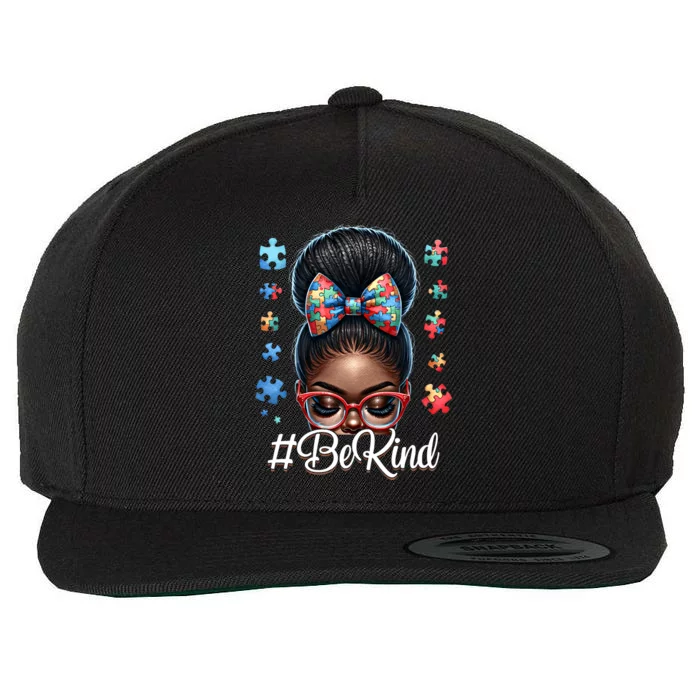 Afro Black Autism Awareness Messy Bun Be Kind Gift Wool Snapback Cap