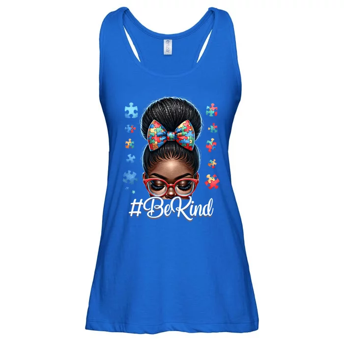 Afro Black Autism Awareness Messy Bun Be Kind Gift Ladies Essential Flowy Tank