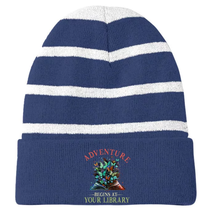 Adventure Begins At Your Library Summer Reading 2024 Flowers Striped Beanie with Solid Band