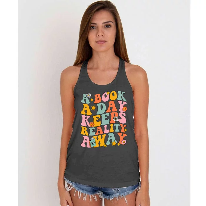 A Book a Day Keeps Reality Away Groovy Library Reading Lover Women's Knotted Racerback Tank