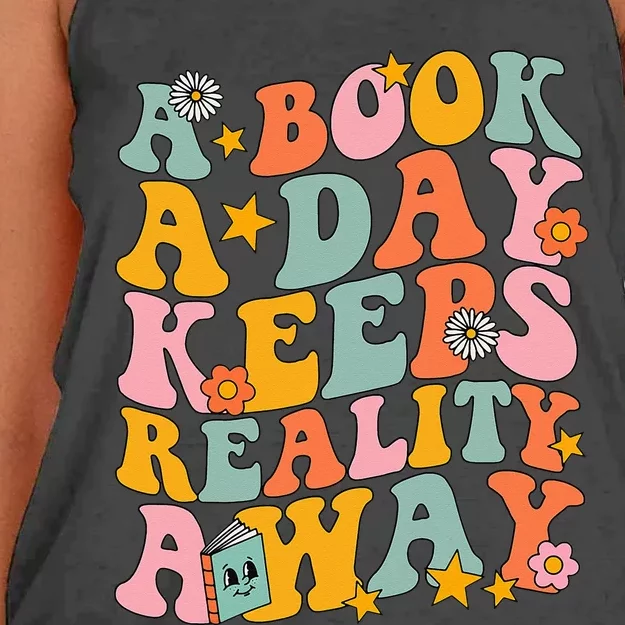 A Book a Day Keeps Reality Away Groovy Library Reading Lover Women's Knotted Racerback Tank