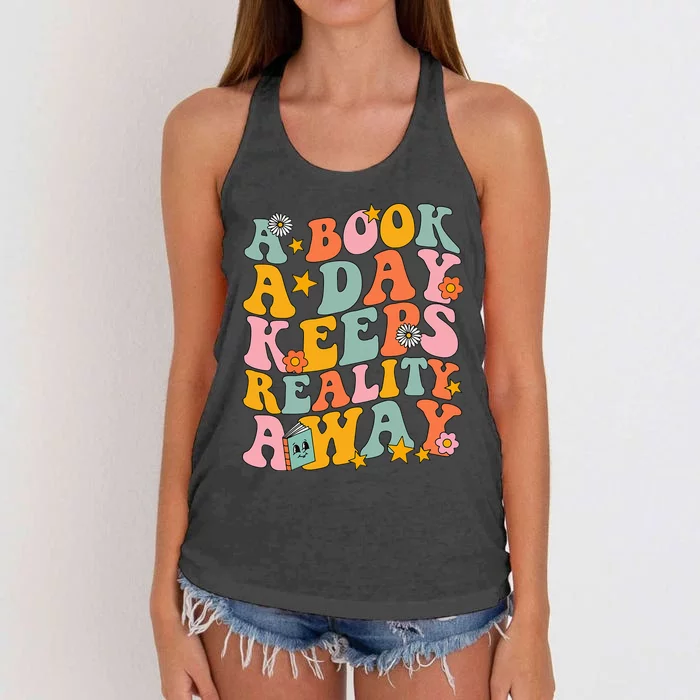 A Book a Day Keeps Reality Away Groovy Library Reading Lover Women's Knotted Racerback Tank