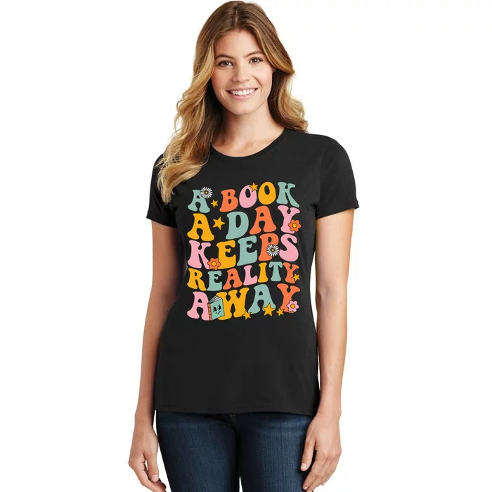 A Book a Day Keeps Reality Away Groovy Library Reading Lover Women's T-Shirt