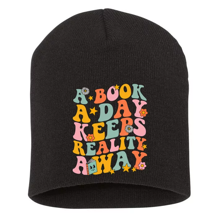 A Book a Day Keeps Reality Away Groovy Library Reading Lover Short Acrylic Beanie