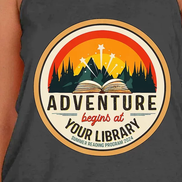 Adventure Begins At Your Library Summer Reading 2024 Women's Knotted Racerback Tank