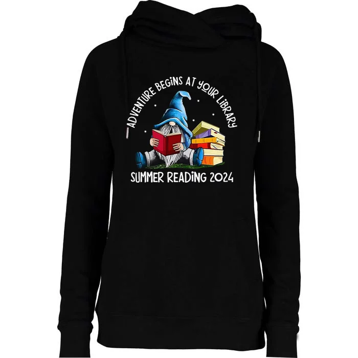 Adventure Begins At Your Library Summer Reading 2024 Gnome Womens Funnel Neck Pullover Hood