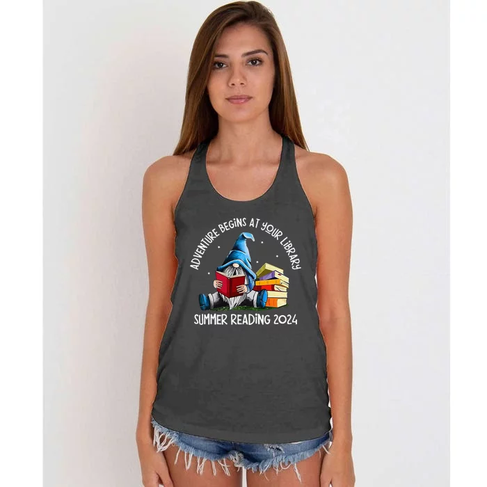 Adventure Begins At Your Library Summer Reading 2024 Gnome Women's Knotted Racerback Tank