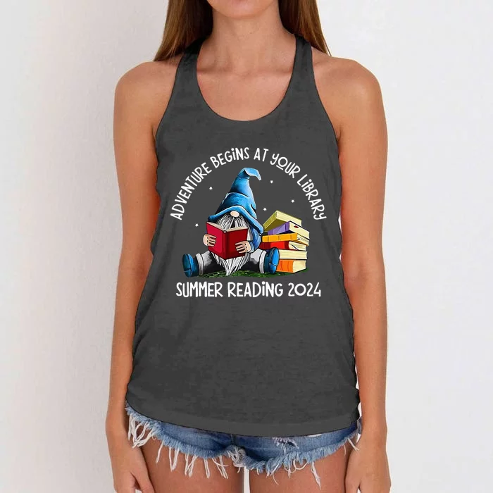 Adventure Begins At Your Library Summer Reading 2024 Gnome Women's Knotted Racerback Tank