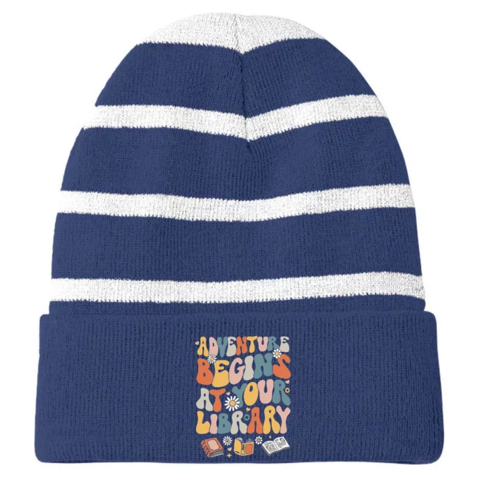 Adventure Begins At Your Library Summer Reading 2024 Flowers Striped Beanie with Solid Band