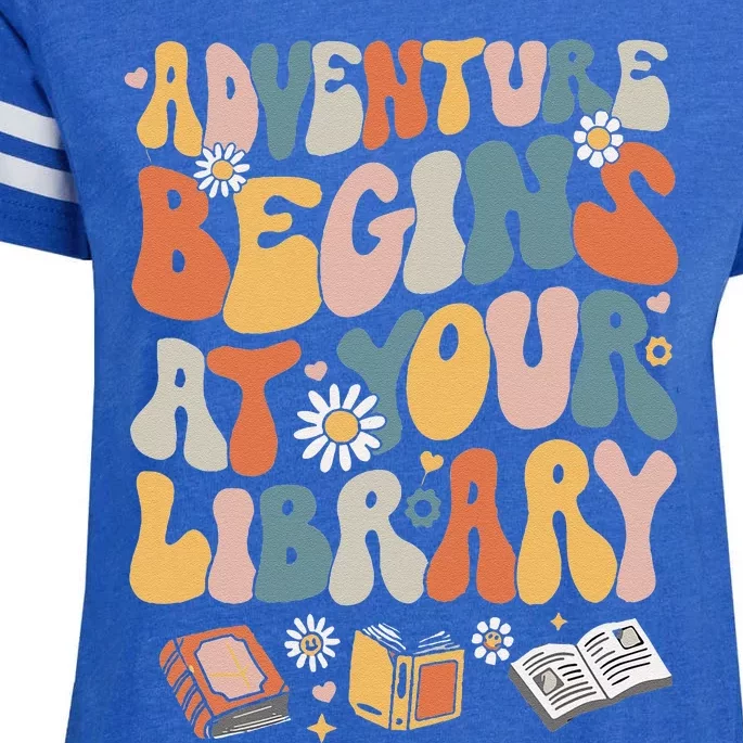 Adventure Begins At Your Library Summer Reading 2024 Flowers Enza Ladies Jersey Football T-Shirt