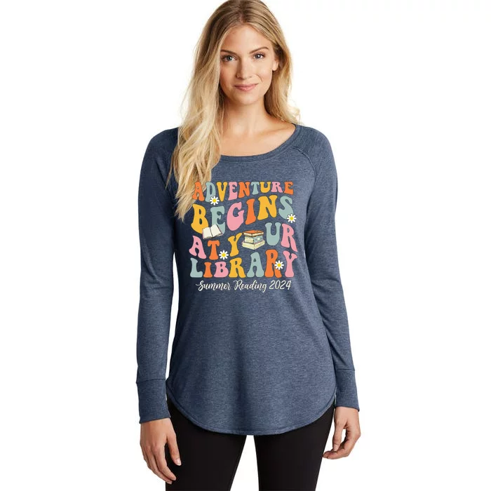 Adventure Begins At Your Library Summer Reading 2024 Groovy Women's Perfect Tri Tunic Long Sleeve Shirt