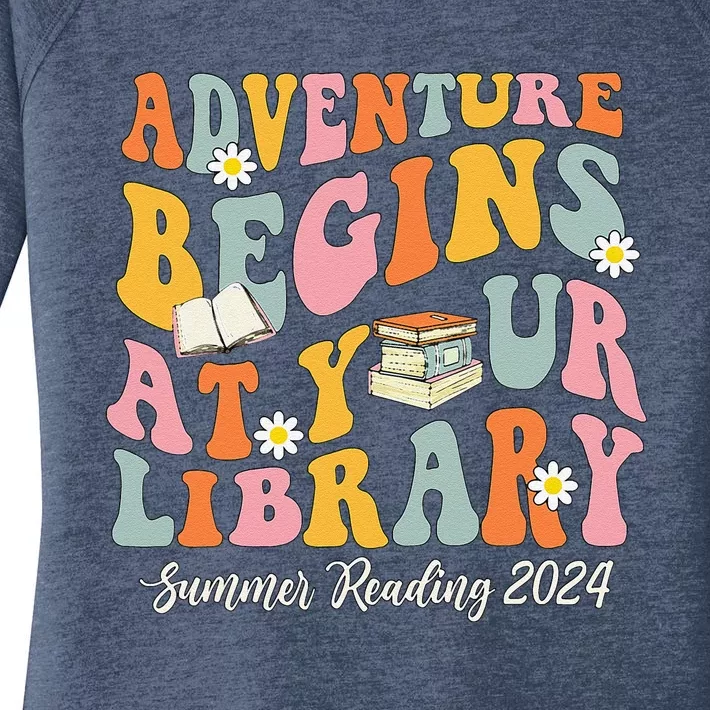 Adventure Begins At Your Library Summer Reading 2024 Groovy Women's Perfect Tri Tunic Long Sleeve Shirt