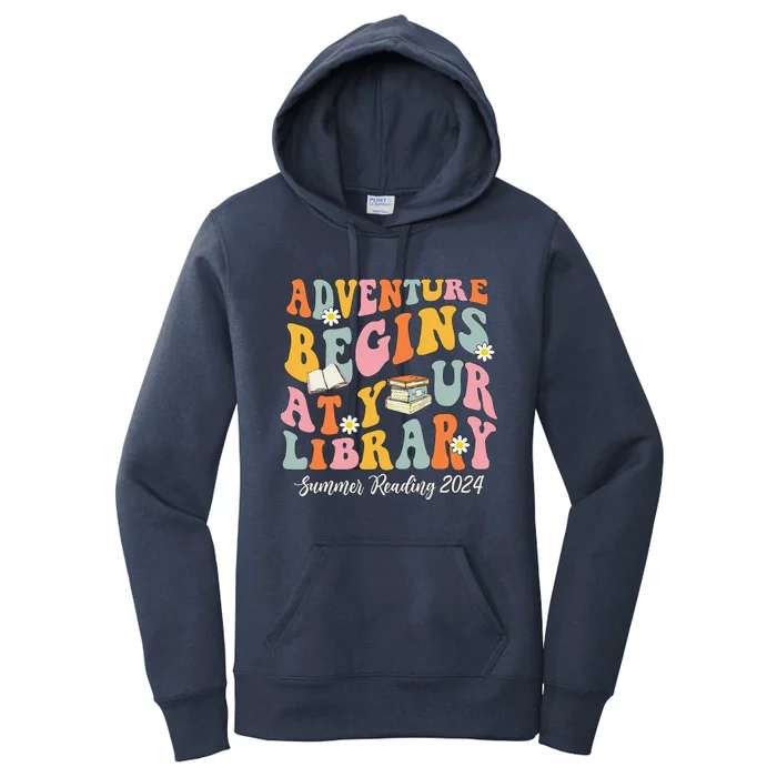 Adventure Begins At Your Library Summer Reading 2024 Groovy Women's Pullover Hoodie