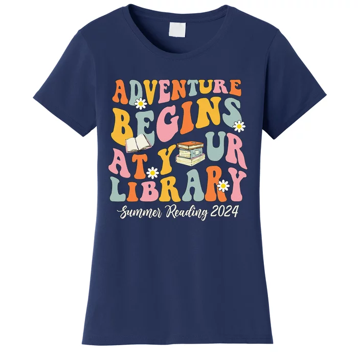 Adventure Begins At Your Library Summer Reading 2024 Groovy Women's T-Shirt