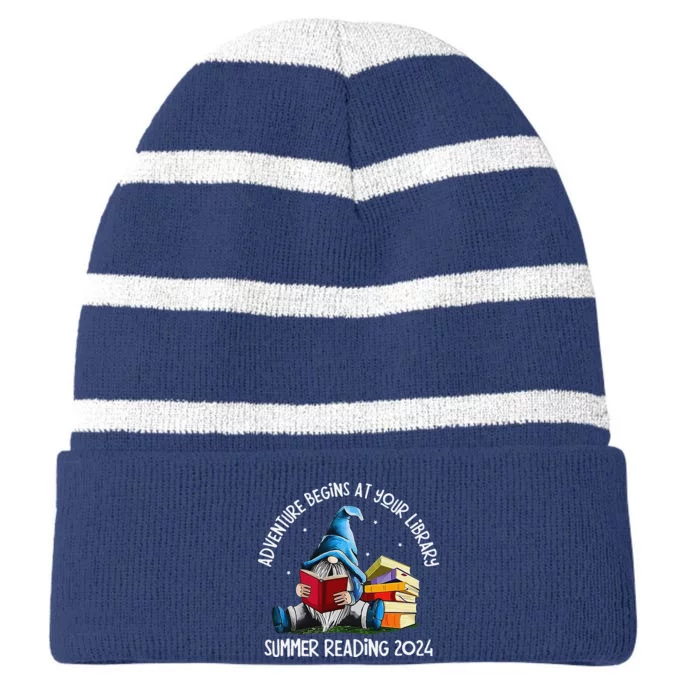 Adventure Begins At Your Library Summer Reading 2024 Gnome Striped Beanie with Solid Band