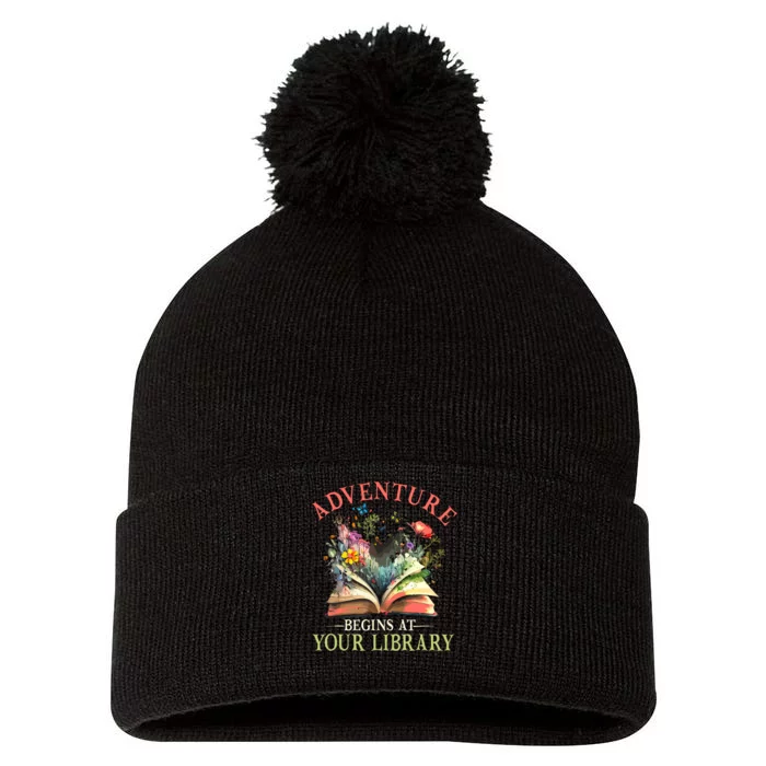 Adventure Begins At Your Library Summer Reading 2024 Flowers Pom Pom 12in Knit Beanie